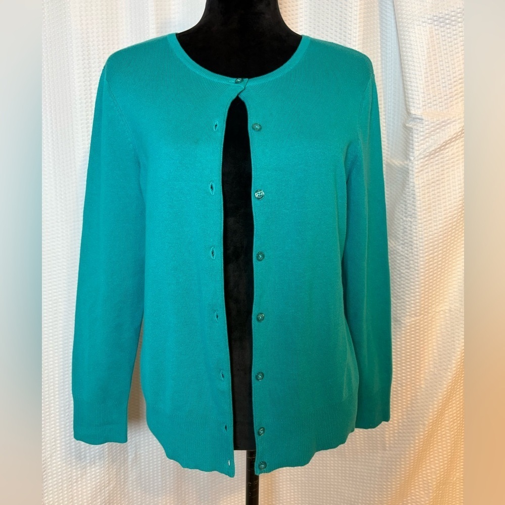 Croft & Barrow cotton blend teal green button front cardigan sweater Petite M - Picture 1 of 6